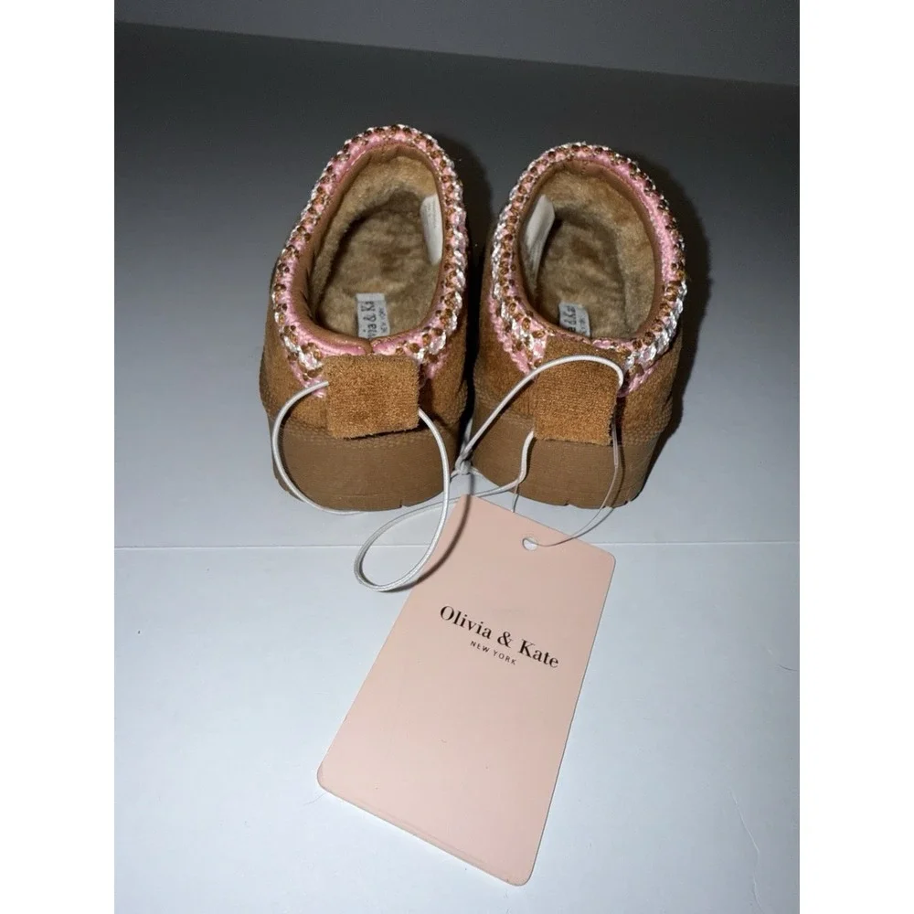 Olivia & Kate Girls Slippers Size 6 Brown Faux Fur Cozy Slip On NEW
